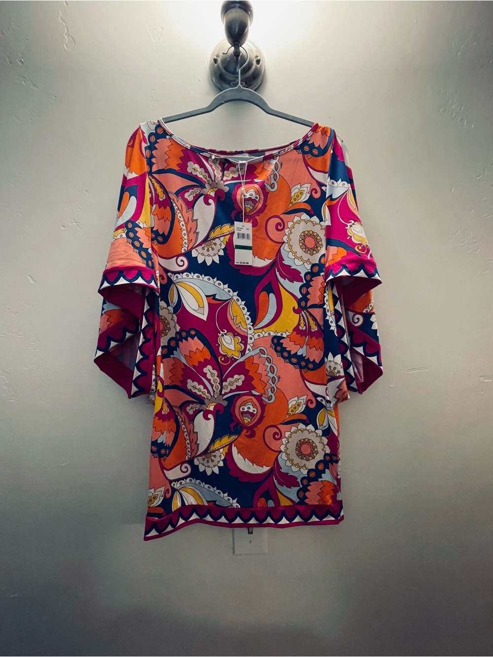 Trina Turk Pink Orange Multi Paisley Bell-Sleeve Mini Dress